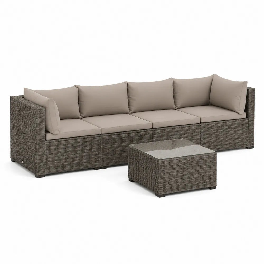 Gartenlounge Set 5 teilig Polyrattan Sofa Couchtisch Polyesterkissen Grau Beige 280x80x65 cm