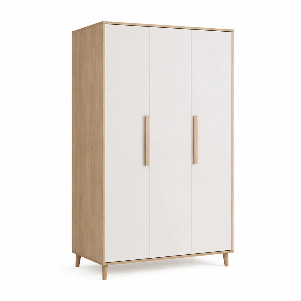 Kleiderschrank 120 x 55 x 180 cm MDF Weiß mit Holzoptik 3 Türen Rechteckig