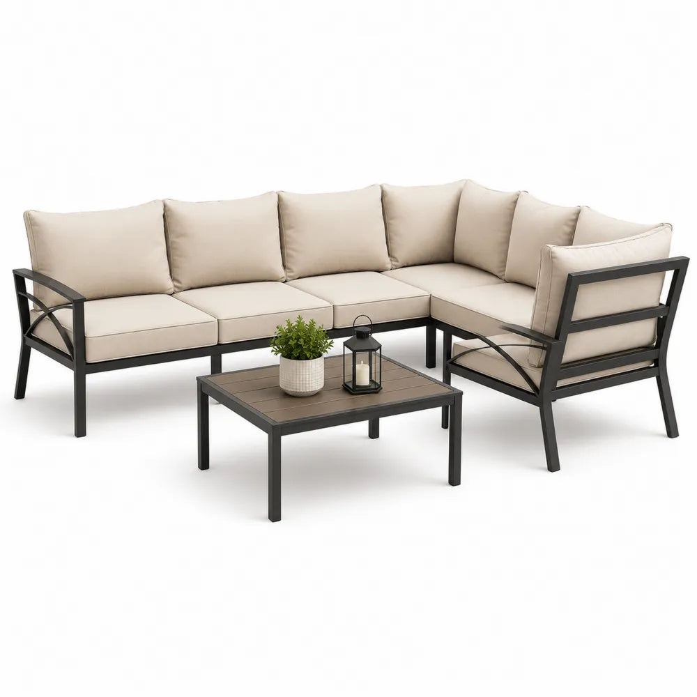 Gartensofa Lounge Set Ecksofa mit Tisch Aluminium Beige Schwarz 260 x 200 x 70 cm