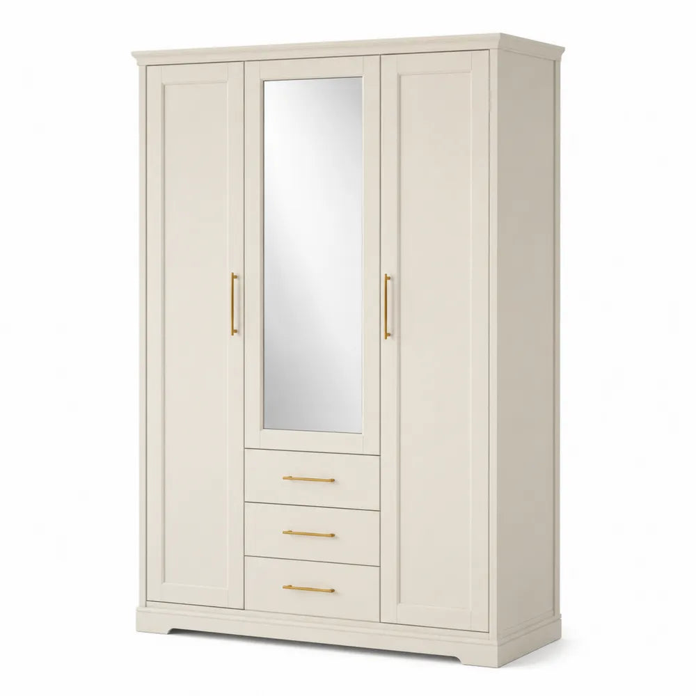 Kleiderschrank MDF Holzwerkstoff Beige mit Spiegel 3 Türen und 3 Schubladen 150 x 55 x 190 cm