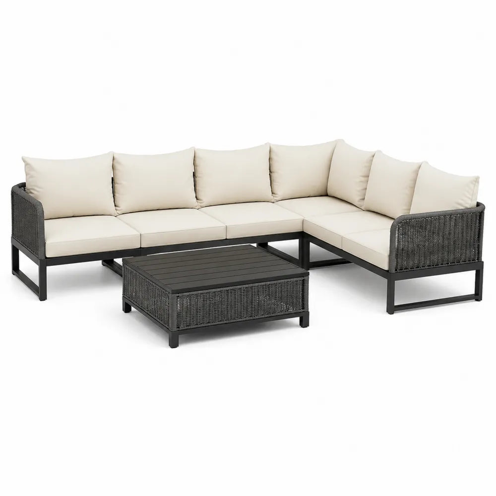 Gartensofa Lounge Set Ecksofa mit Tisch 300 x 220 x 70 cm Aluminium Polyrattan Beige Schwarz