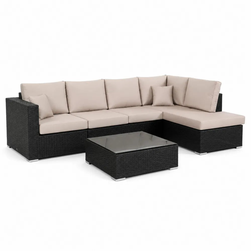 Gartensofa Set 5 teilig mit Couchtisch 300 x 210 x 65 cm Polyrattan Schwarz mit Polyesterkissen Beige