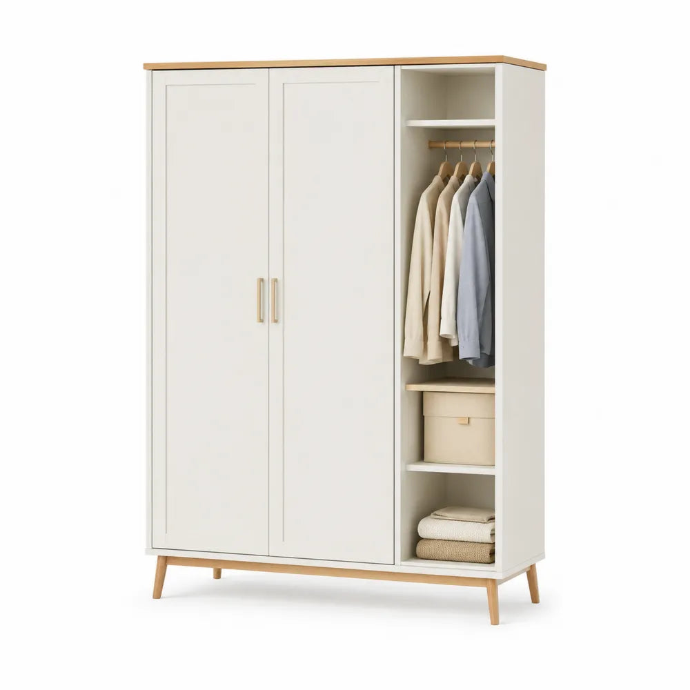 Kleiderschrank 150 x 55 x 180 cm MDF mit Türen Regalen Kleiderstange Weiß Natur