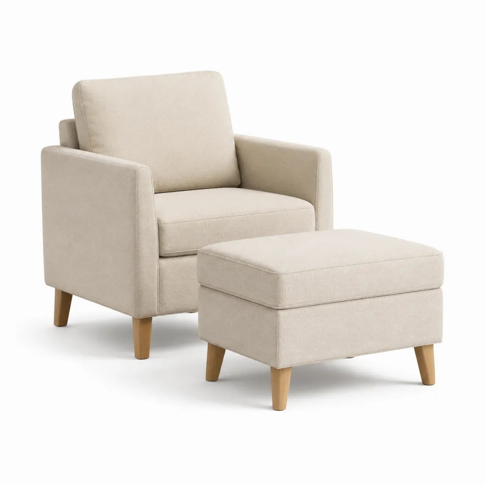 Polstersessel mit Hocker 85 x 85 x 90 cm Polyesterbezug Beige mit Holzfüßen