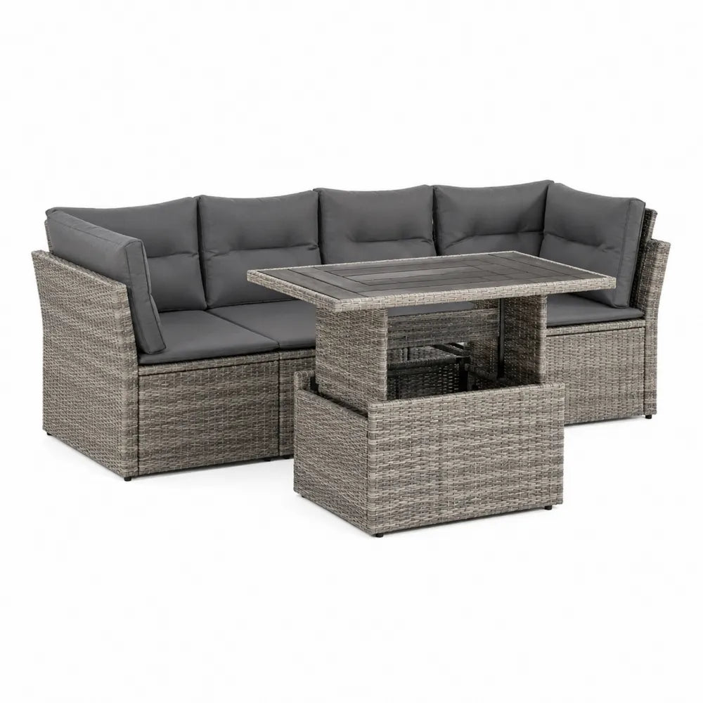 Gartenmöbel Set Ecksofa mit Tisch Polyrattan Aluminiumgestell Kissen Grau Anthrazit 300 x 210 x 70 cm