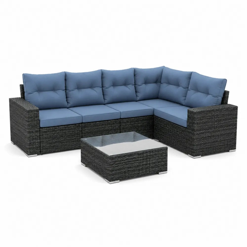 Gartensofa Set Ecksofa mit Couchtisch 280 x 200 x 70 cm Polyrattan Schwarz mit Polyesterkissen Blau