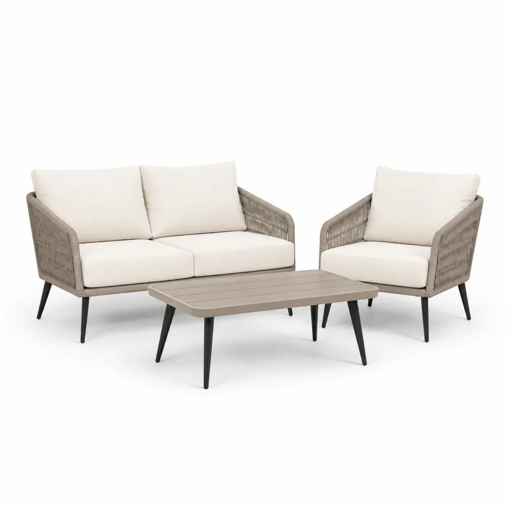 Gartensofa Lounge Set 3 teilig mit Tisch Sessel 220 x 160 x 75 cm Polyrattan Aluminium Beige Grau