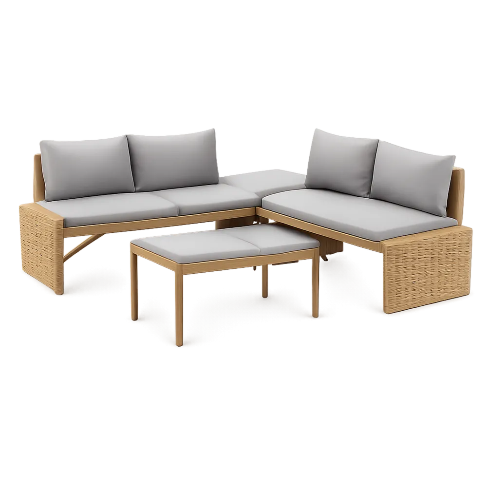 Gartenmöbel Set Ecksofa mit Couchtisch Hocker 260 x 180 x 75 cm Polyrattan Natur mit Polyesterkissen Weiß