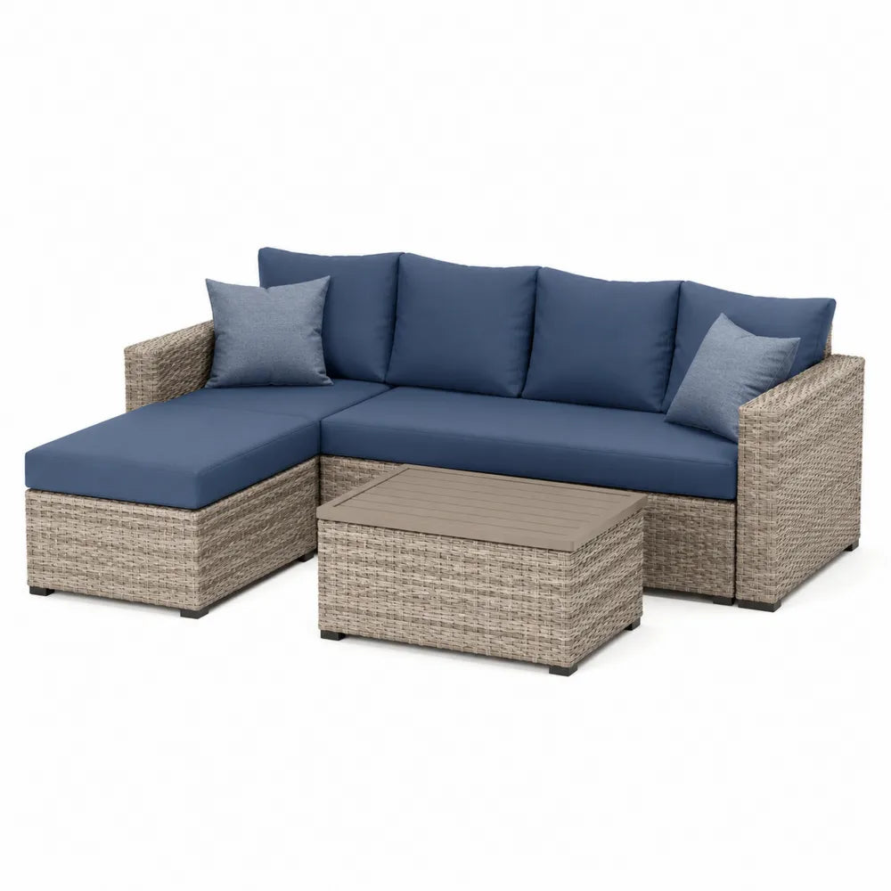 Gartenmöbel Set 5 Teilig Ecksofa Couchtisch Polyrattan Aluminium Beige Blau 300 x 210 x 70 cm