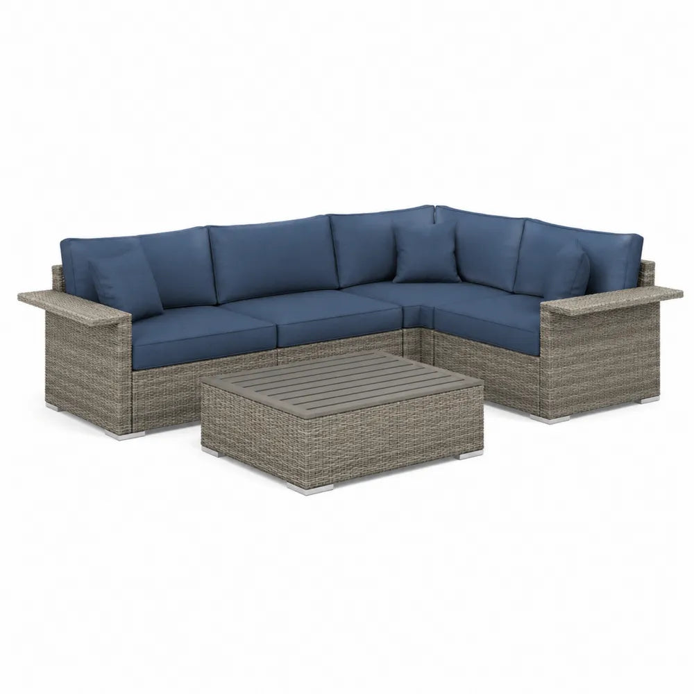 Gartensofa Lounge Set Ecksofa mit Tisch 300 x 220 x 70 cm Polyrattan Aluminium Blau Grau