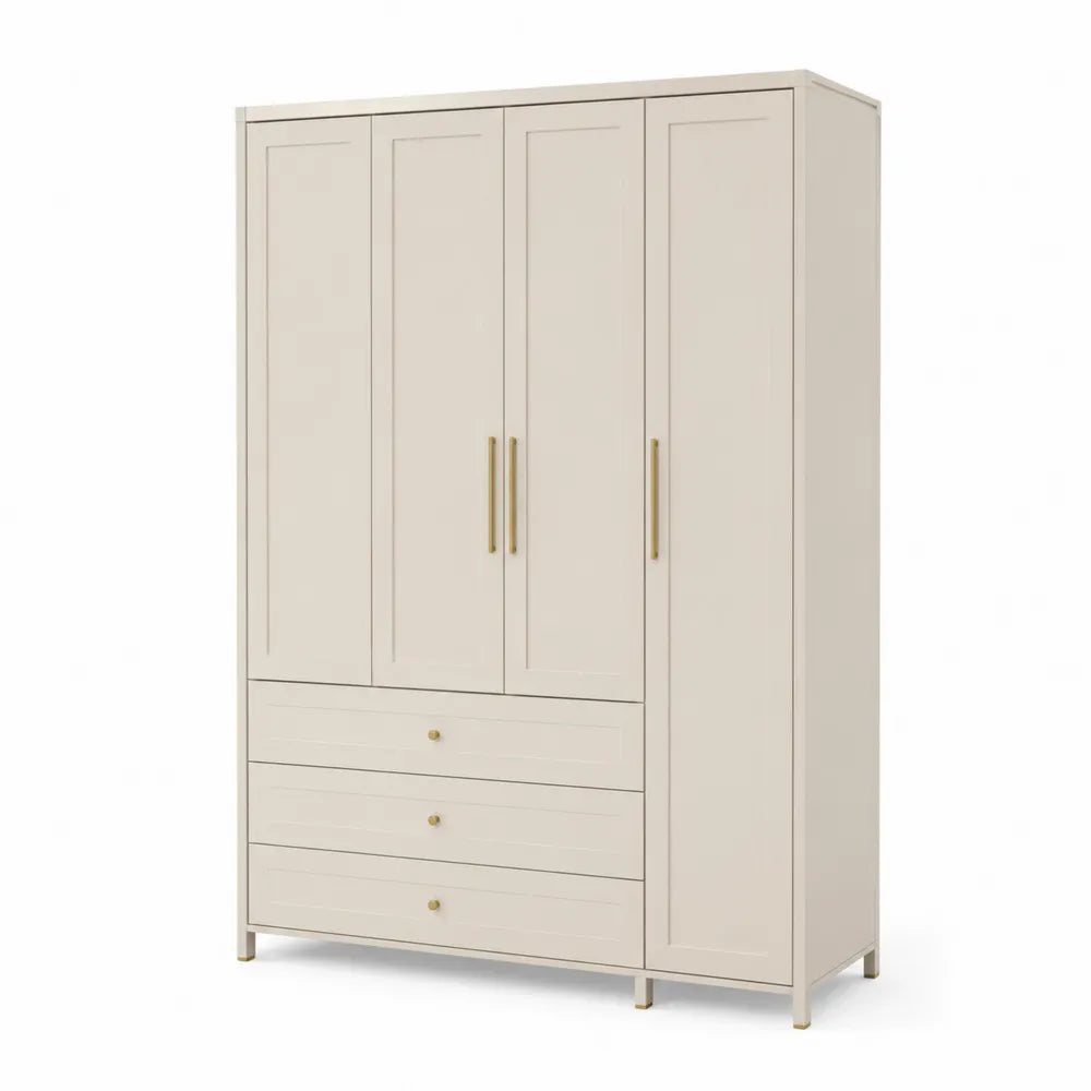 Kleiderschrank 180 x 55 x 200 cm MDF Weiß mit Goldgriffen 4 Türen 3 Schubladen Rechteckig